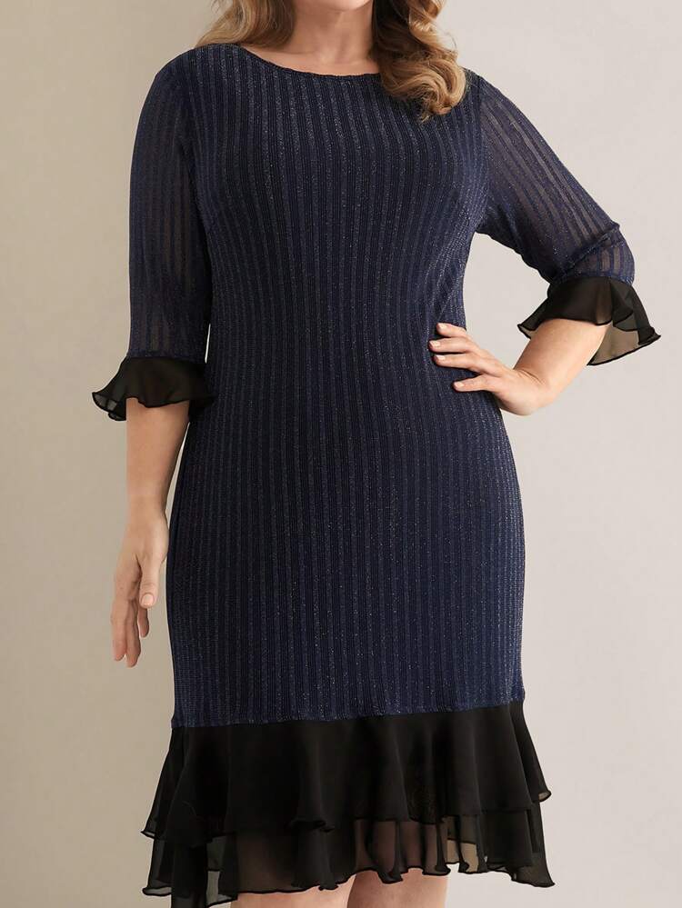 Plus Size Elegant Contrast Color Striped Ruffle Hem Dress