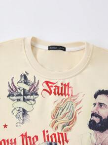 ROMWE MEN Goth Camiseta de manga corta con estampado de letras y caracteres, oversize y corta para hombre