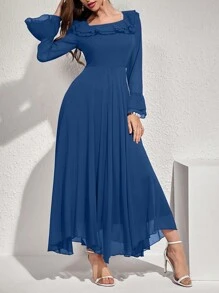 Modelyn 女士优雅纯色喇叭袖荷叶边下摆连衣裙，秋季长款女装 - 藍色 - 查看 4