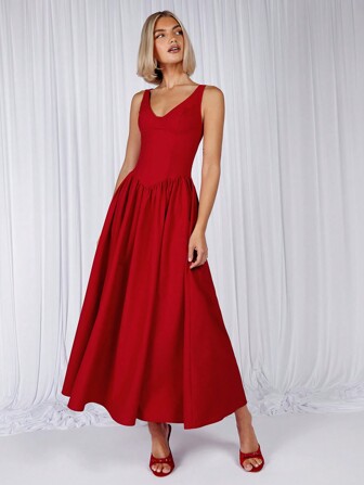 COSMINA 女士纯色长裙，休闲简约无袖连衣裙，适合日常穿着