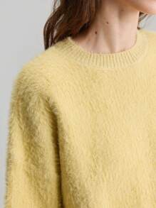 Ontre Women's Oversized Yellow Mohair Crew Neck Sweater, Versatile For Work And Casual, Old Money Pattern