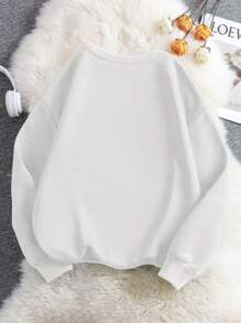 SHEIN Essnce St. Patrick's Day Smiling Face Embroidered Round Neck Loose Fit Long Sleeve Sweatshirt For Plus Size Women, Autumn/Winter - White - View 2