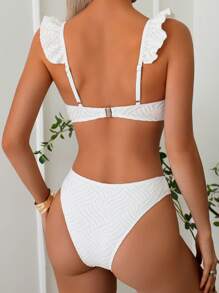Summer Solid Color Textured Fabric White Pushup Halter Neck Women Bikini Set
