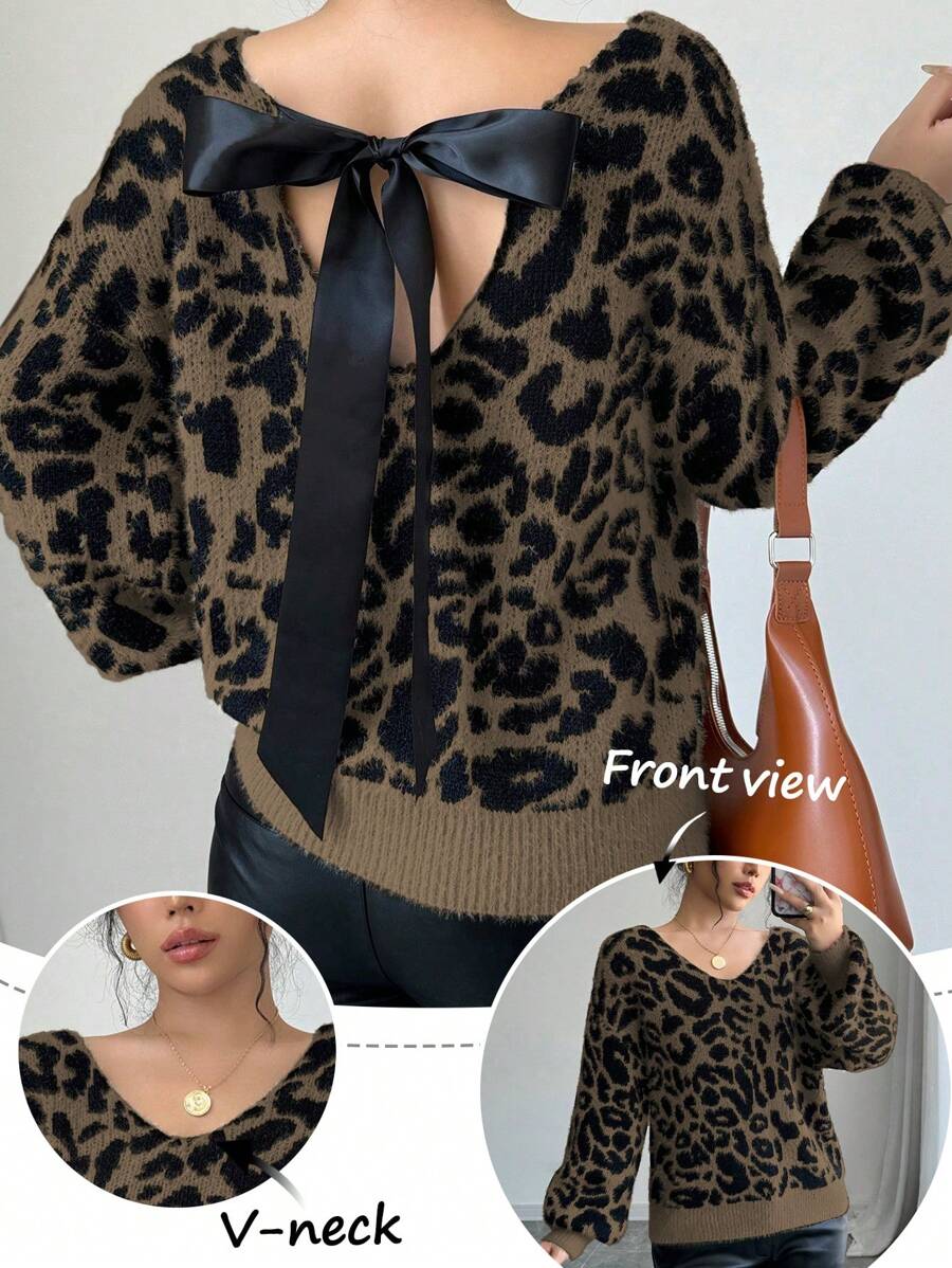 Chiquease 休闲豹纹提花针织毛衣，后背系带，秋冬针织套头衫 - 彩色 - 查看 1