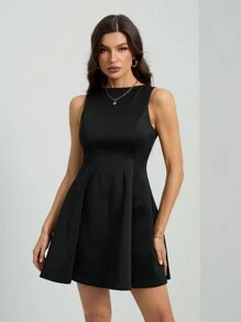 SHEIN Tall 无袖纯色休闲连衣裙，简约时尚，适合日常穿着 - 黑色 - 查看 6