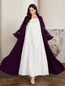 Al Najma Women Patchwork Sequin Open Front Long Robe Abaya Outwear, Elegant Modest Maxi Full Length Luxury Abaya, For Evening Party/Wedding Guest/Anniversary