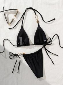 SHEIN Swim Sexy Black Beachwear Set For Women, Featuring Gold Hardware, Halter Bikini Top And Tie-Side Bottom