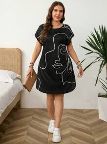 SHEIN LUNE Vestido informal de verano para mujer de talla grande con cuello redondo, manga caída, abertura lateral, bajo asimétrico, estampado facial en blanco y negro, de estilo bohemio
