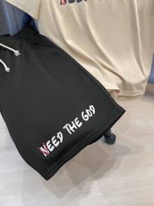 SHEIN Teen Boys Letter Print Short Sleeve T-Shirt And Shorts Set, Casual, Comfortable, Simple, Versatile, Cute, Soft, Suitable For Daily Wear, School, Outdoor, Sports, Holidays