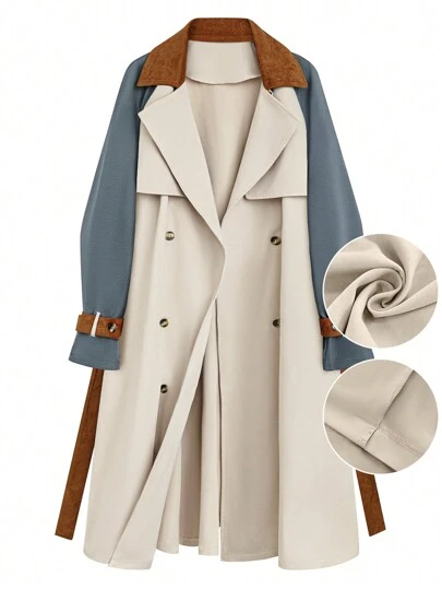 SHEIN LUNE Plus Size Color Block Front Button Closure Long Sleeve Casual Wind Jacket Fall Winter Cloth For Women Autumn