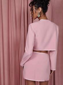 COSMINA 2 件女式纯色长袖夹克和 A 字裙，简约时尚休闲日常穿着 - 藕粉色 - 查看 2