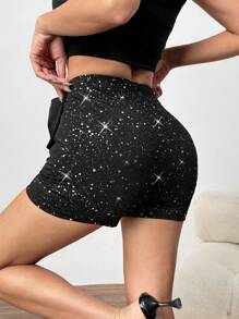 Chiquease 缎面拼接亮片面料紧身腰部蝴蝶结细节女式短裤 - 黑色 - 查看 2