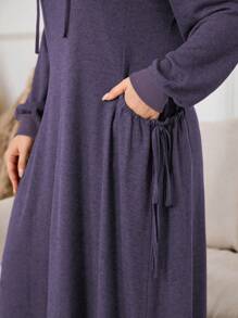 Lacomfia Plus Size Women Drawstring Hooded Long Sleeve Solid Color Tie Side Casual Sweatshirt Dress For Autumn/Winter