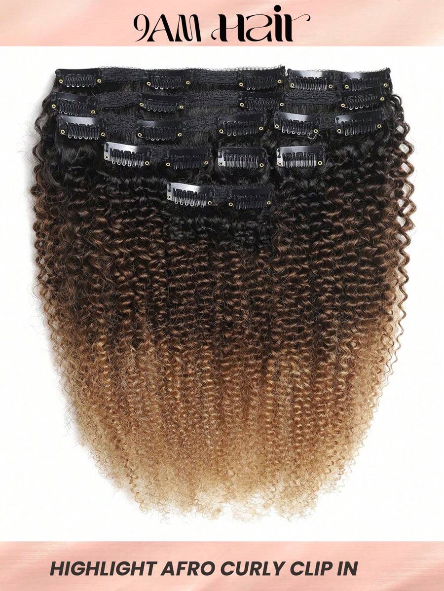 8pcs Afro Kinky Curly Clip In Highlight Virgin Human Hair Extension Clip-In Hair Extension Ombre Blonde Weft Hair Extension Hair Weaves Ombre Color Hair Extensions - SNatural/4/27 - View 1