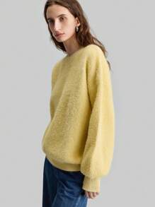 Ontre Women's Oversized Yellow Mohair Crew Neck Sweater, Versatile For Work And Casual, Old Money Pattern