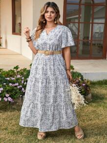 SHEIN LUNE Vestido casual de manga corta con escote en V con estampado integral para mujer de talla grande. Vestido de verano bohemio y boho, atuendos de verano "Old Money", atuendos de primavera y verano para festival y spring break - Multicolor - Ver 6