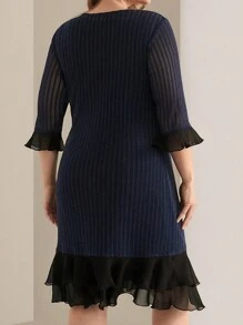 EMERY ROSE Plus Size Elegant Colorblock Striped Patchwork Ruffle Hem Dress - Multicolor - View 2