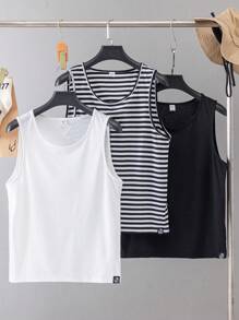 SHEIN 3pcs/Set Teen Boys Casual Loose Comfortable Versatile Top With Solid Black & White Top Set