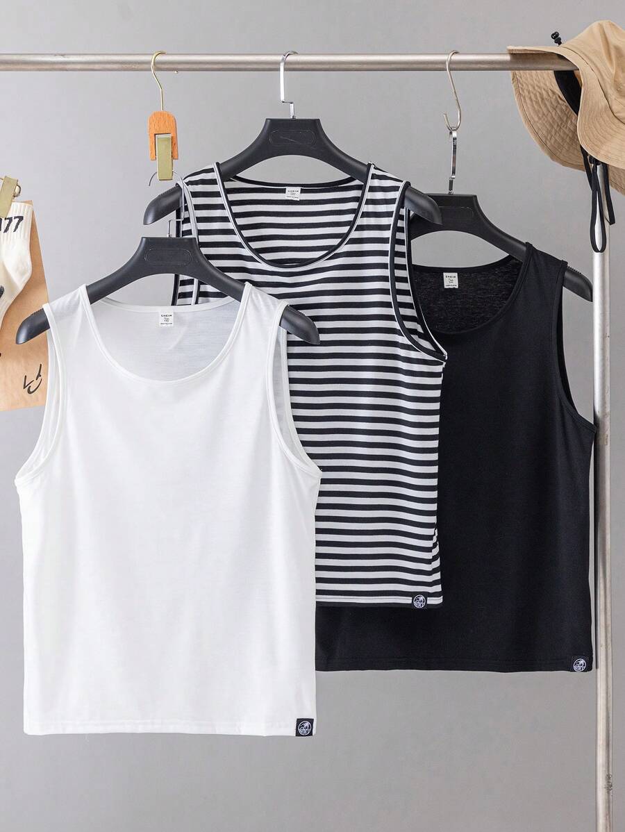 SHEIN 3pcs/Set Teen Boys Casual Loose Comfortable Versatile Top With Solid Black & White Top Set
