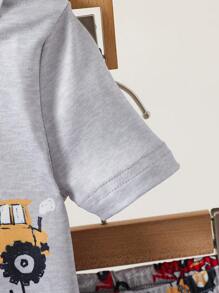 2pcs Baby Boy Cute Cartoon Car Printed Snug Fit T-Shirt And Shorts Set - Grey - View 6