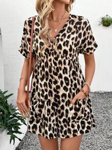 SHEIN LUNE Women's Short Leopard Print Jumpsuit, Spring - Brown - View 2