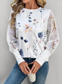 SHEIN LUNE Blusa de mujer con mangas de encaje y estampado floral, color blanco - Blanco - Ver 1