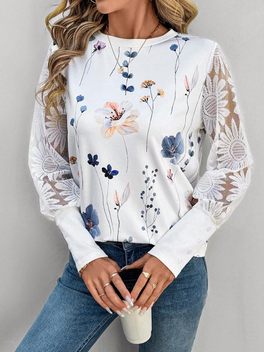 SHEIN LUNE Floral Print Lace Splice Sleeve Women Blouse, White - White - View 1