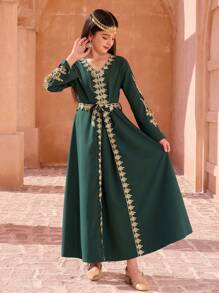 Tween Girl Patchwork Metallic Yarn Knit Dress - Green - View 3