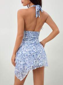 SHEIN PETITE Blue And White Vintage Floral Print V-Neck Tie-Up Mesh Ruched Romantic Vacation Women Dress Dress - Blue and White - View 2