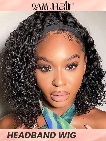 Kinky Curly Headband Wig Short Human Hair Wig With Head Band Affordable Hair Replacement Headband Wig Ready Wear To Go Daily Use Natural Black Color