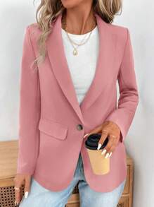 SHEIN LUNE 2024 Autumn/Winter New Grayish Green Women's Waist Cinching Button-Up Jacket Blazer Valentine's Day - Pink - View 3