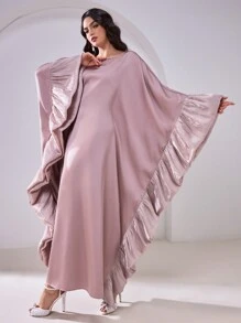 Al Najma Elegante effen Arabische jurk met ruches en vleermuismouwen voor dames, bescheiden