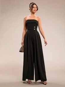 SHEIN BAE Women's Plain Black Sleeveless Jumpsuit With Metallic Button, Slim Fit Wide Leg Jumpsuit, Elegant Going Out Outfit For Daily Wear, Dating, Party, Asymmetric Wide Leg Jumpsuit, Valentine's Day Jumpsuit, Everyday Jumpsuit, Sophisticated Jumpsuit - Black - View 3