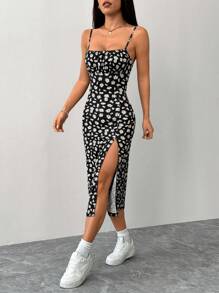 SHEIN PETITE Váy dây mảnh xẻ tà ôm vừa vặn dành cho nữ có họa tiết hoa nhỏ - màu đen - Xem 3