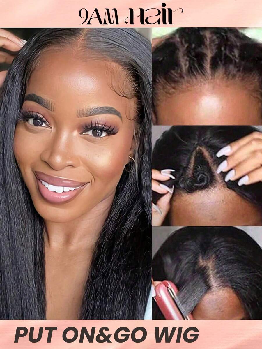 Kinky Straight V Part Wig Real Human Hair Wig Affordable Hair Replacement Wig For Women Cheap Silky Wig For Beginner Friendly Wear To Go Wig Natural Black Color - Natural Black - View 1