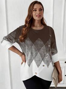 EMERY ROSE Women's Plus Size Long Sleeve Black & White Geometric Printed Fall Sweatshirt - Brown - View 5