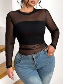 Elenzga 大码经典百搭黑色性感圆领长袖网眼 T 恤 - 黑色 - 查看 6