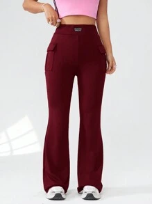 SHEIN EZwear Pantalones de pierna acampanada casuales de punto de color liso con bolsillos para mujer