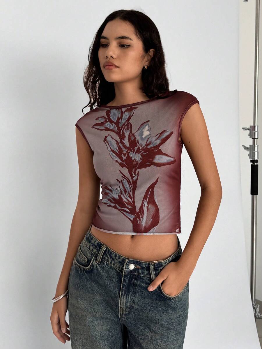 Siren Gaze Summer Casual Floral Print Mesh Crop T-Shirt Christmas Flower Red New Year Vacation Valentine's Day Holiday Resort - Red - View 1