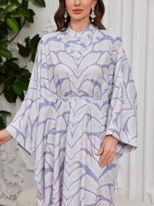 Al Najma 2025 春夏新款时尚印花宽松束腰修身土耳其长裙 - 白色 - 查看 7