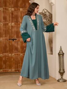 Al Najma Elaborately Crafted Beaded & Embroidered Loose Abaya Dress For Women, Arabian Dresses