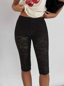 SHEIN Essnce Women's Black Lace See-Through Tights All-Match Shorts Leggings Women Bottoms Summer Clothes Women Capris Women Leggings
