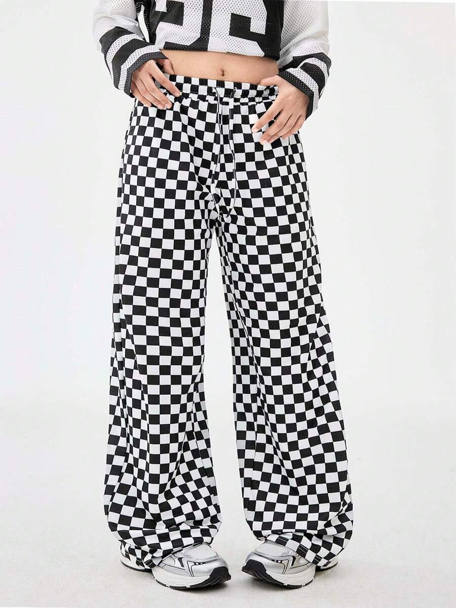 SHEIN Pantalones a cuadros con cintura anudada, ropa de calle para adolescentes de primavera/verano - Blanco y Negro - Ver 1
