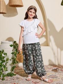 SHEIN Tween-Mädchen Lässiges Urlaubs-Set mit Rundhalsausschnitt, Kurzarm-Oberteil und Shorts mit Blumenmuster, 2-teilig - Weiss - Übersicht 3