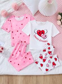 4pcs Girls Casual Heart & Peach Print Short Sleeve T-Shirt & Pants Sets, Homewear For Spring & Summer - Multicolor - View 1