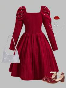 Teen Girl Elegant Knitted Ribbed Square Collar Beaded Long Sleeve Fitted Dress, For Spring & Autumn & Winter - Burgundy - View 2