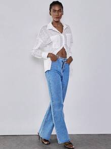 SHEIN Unity Loose Fit White Lace Embroidery Blouse, Oversized Casual & Fashionable Women Shirt Fall Cloth For Women - White - View 5