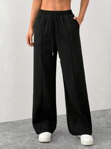 SHEIN PETITE 女士高腰抽绳松紧腰华夫格阔腿运动裤 - 黑色 - 查看 1