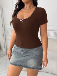 SHEIN EZwear 大码女式休闲蕾丝边蝴蝶结装饰夏季 T 恤 - 棕色 - 查看 5