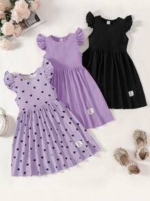SHEIN Leap Crew 3pcs/Set Young Girl Solid Color Cap Sleeve Bodycon Casual Dress Set - Purple - View 1
